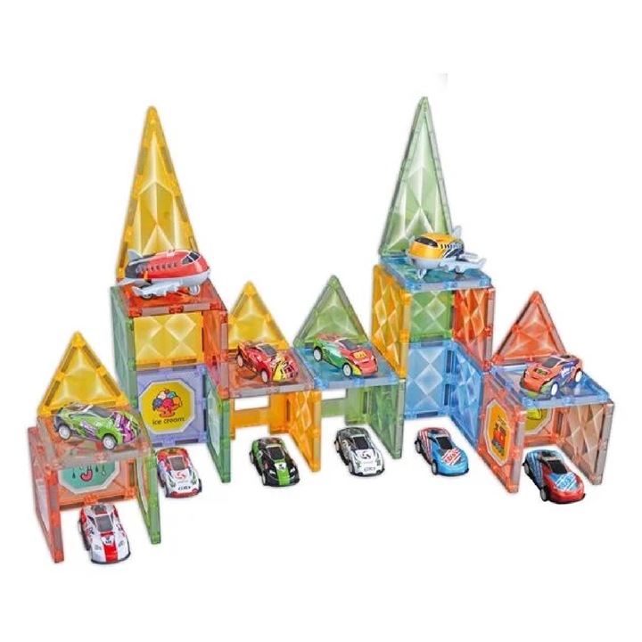 Set de constructii magnetice colorate cu masini, 72 buc.