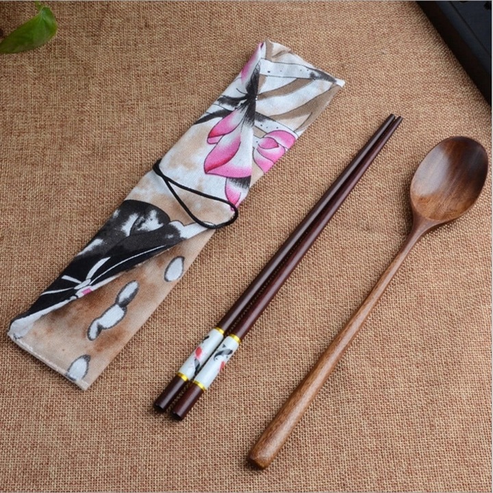 Set tacamuri din lemn japonez vintage, 2 piese, lingura si betisoare, 23.5x5cm, argintiu