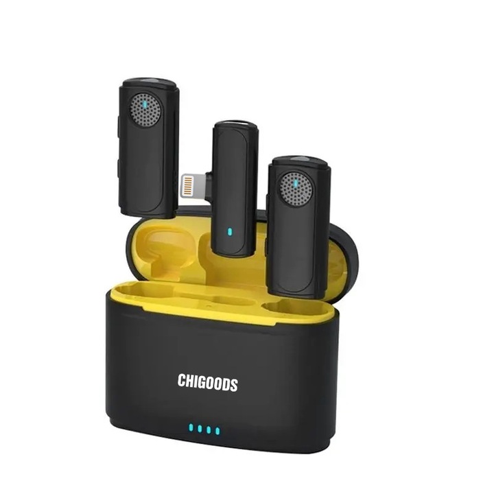 2 db professzionális Lavalier mikrofon készlet, CHIGOODS, vezeték nélküli 2.4G, Lightning, 500mAh, DSP, digitális kijelző, kültéri interjú, fekete/sárga
