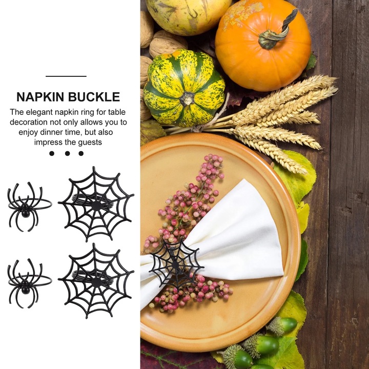 Комплект от 8 пръстена за салфетки тип паяк, поставка за салфетки от сплав, черни, 7x7x4 см