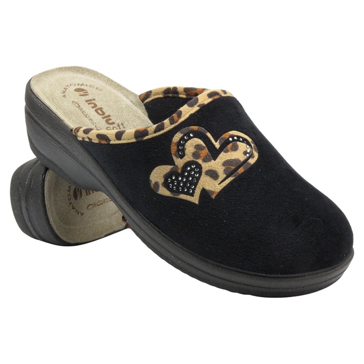 Papuci de casa dama Inblu LV-08, piele intoarsa, imprimeu leopard, negru