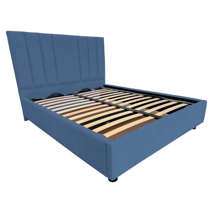 Pat tapitat Eron cu picioare, spatiu de depozitare si somiera rabatabila, albastru inchis 74, 140x200 cm