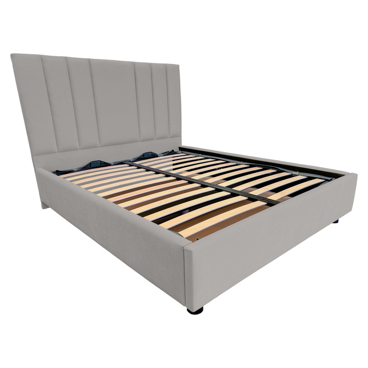 Pat tapitat Eron cu picioare, spatiu de depozitare si somiera rabatabila, crem inchis 09, 120x200 cm