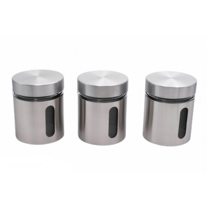 Set 3 borcane pentru condimente, Metal + Sticla, 10.5x8 cm