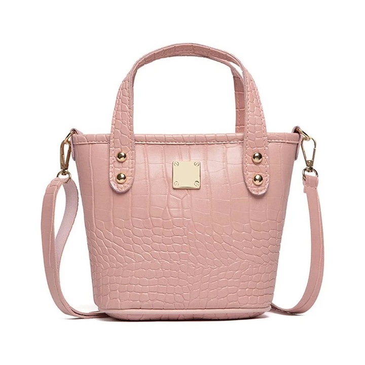 Чанта за през рамо, Модел крокодилска щампа розова, С размери 30х25см, Кожена