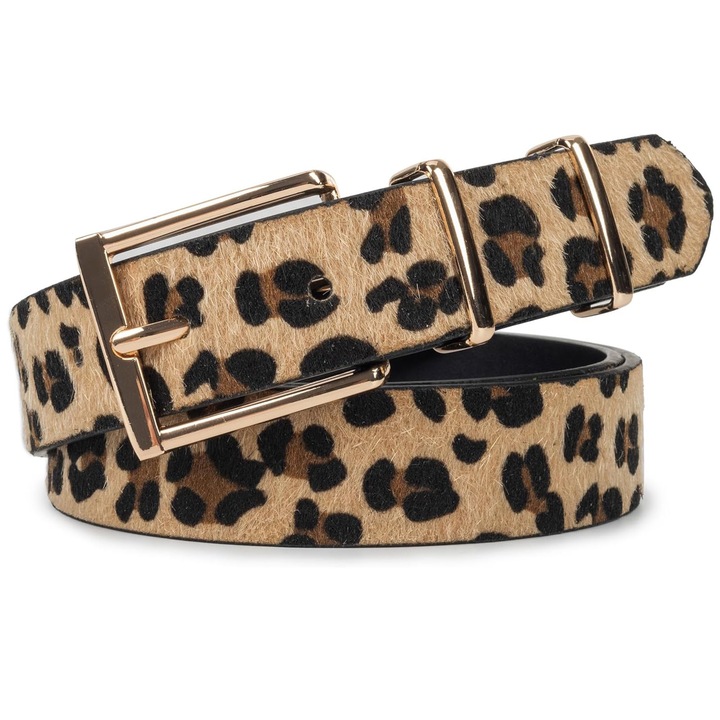 Női öv, Hggzeg, Női leopárdmintás öv, 105x2,8cm, Állítható magasság 85-95 cm, dupla arany csattal, Magas derekú nadrágokhoz, farmerhez, rövidnadrághoz alkalmas, PU/Lószőr, Sárga