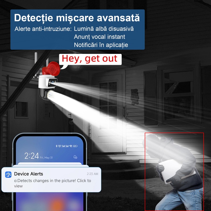 4MP-es kültéri biztonsági kamera 2 objektívvel, 355°-os automatikus követéssel, színes éjjellátóval, projektorral, 2,4 GHz-es WiFi-vel, SD/felhőalapú tárhellyel, IP66-os védettséggel, kétirányú hanggal, mobil- és PC-alkalmazásokkal kompatibilis