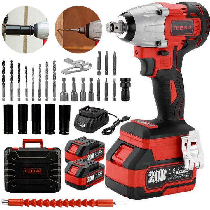 Masina de insurubat cu impact fara peri, TEENO, 2X Acumulatori 20V 3Ah Li-Ion, 320Nm, 2 trepte 0-2600/0-35000 RPM, 25 accesorii, Cutie Plastic, Rosu/Negru