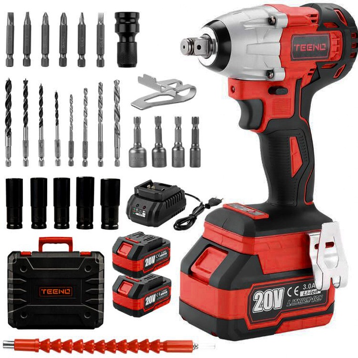 Бормашина и отвертка, TENNO, 1X 20V 3Ah литиево-йонна батерия, 320Nm, 1500 RPM, 25 аксесоара, пластмасова кутия, червено/черно