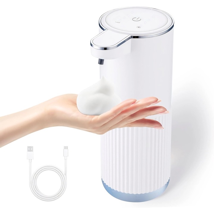 Автоматичен дозатор за сапун на пяна, Excitat, сензор, Капацитет 350 ml, Тип C Презареждаем, 4 регулируеми нива, За кухня, баня, хотел, ресторант, Бял