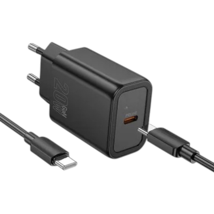 Fali töltő, N60, USB-C, C típusú, C típusú kábel, 20 W, Quick Charge 2.0, fekete