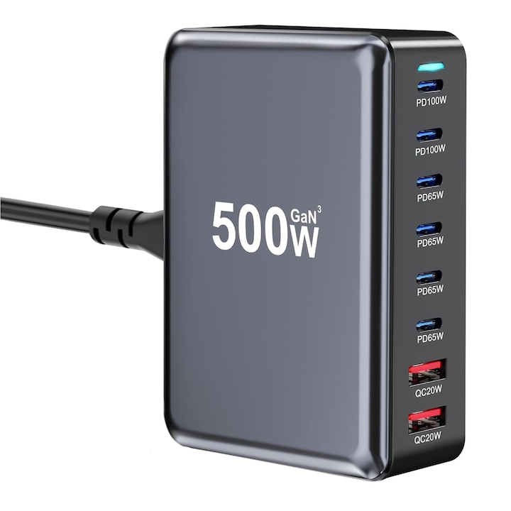 500 W-os GaN3 töltőállomás 8 port 2 x 100 W USB-C PD 3.0, 4 x 65 W USB-C PD 3.0, 2 x 20 W USB QC3.0, USB Type-C gyorstöltés okostelefonhoz, laptophoz, Samsung Galaxy, Apple Universal RiKbo®