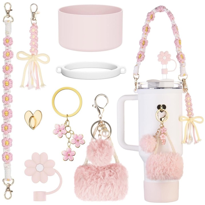Set 8 accesorii pentru Stanley Cup, Anti-soc, Anti-cadere, Husa de Protectie si Transport super rezistenta, Silicon, YQLAFT, Roz
