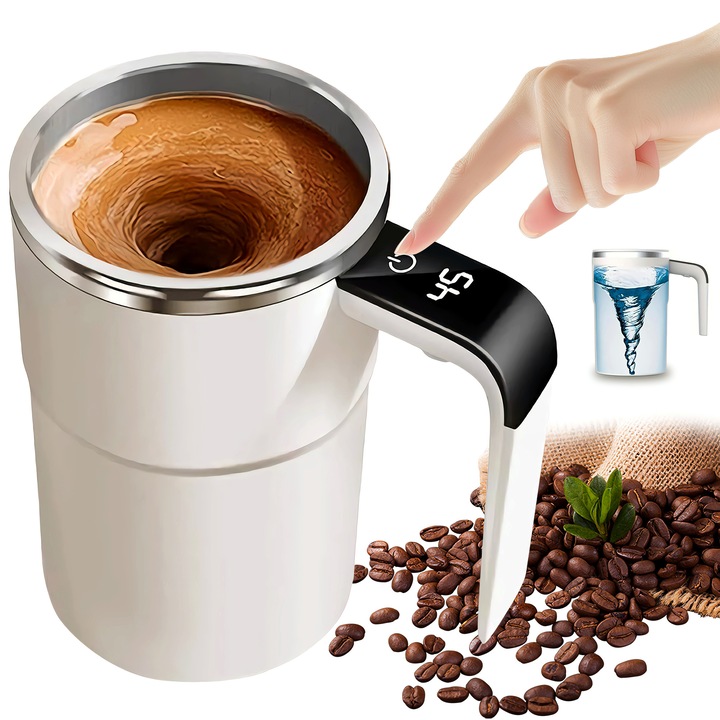 Чаша от неръждаема стомана с автоматично разбъркване, Excitat®, магнитен контрол на температурата, подарък за Свети Валентин, за жени и мъже, кафе с възможност за многократно пълнене, израз на благодарност към служителите, бяла