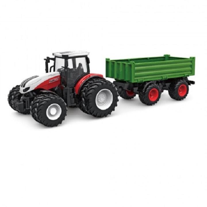Tractor rosu cu telecomanda 2.4G scara 1:24, cu remorca verde, acumulator si lumini