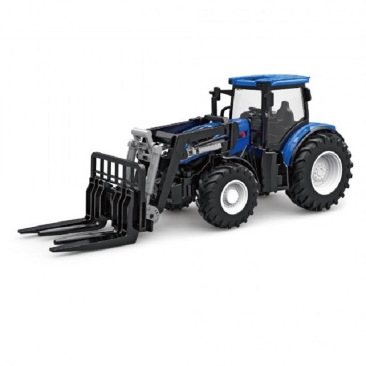 Tractor albastru cu telecomanda 2.4G scara 1:24, cu dispozitiv de ridicare frontal, acumulator si lumini