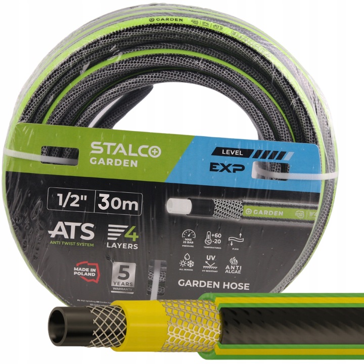 Kerti tömlő, Stalco, PVC, 1/2 hüvelyk, 30 m, 4 réteg, Maximális nyomás 25 bar, Csavarodásállóság, Univerzális szín, Fekete/zöld