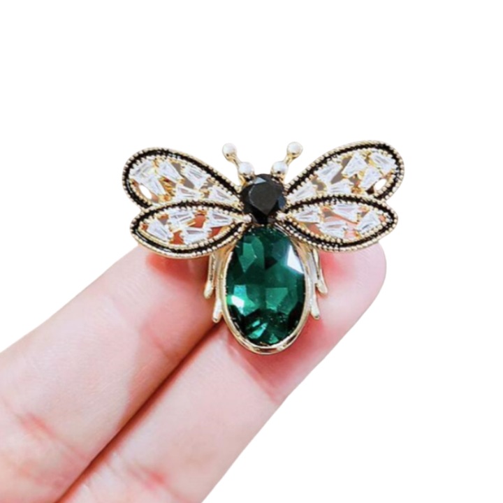 Brosa de albine vintage, cristal artificial, verde