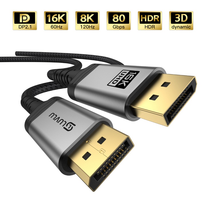 LUVLU® Display Port 2.1 kábel, DP - DP 16K@60Hz, 8K@120Hz, 4k@240Hz, akár 80Gbps sebesség, DSC 1.2a, HDR, dinamikus 3D, HDCP, dupla fonott, aranyozott, 2 m hosszú