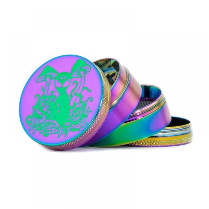 Grinder tutun, plante otel inoxidabil, Magic Leaf Alien Mushrooms Oil Efect Rainbow Verde, 4 parti diametru 50mm