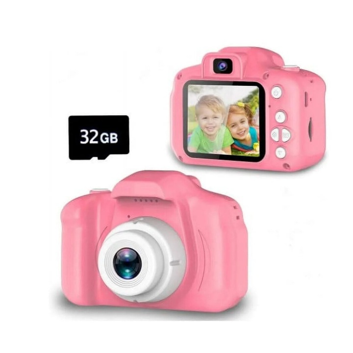 Camera selfie pentru copii, F79618, roz, cu card SD de 32GB, pentru fete 3-9 ani