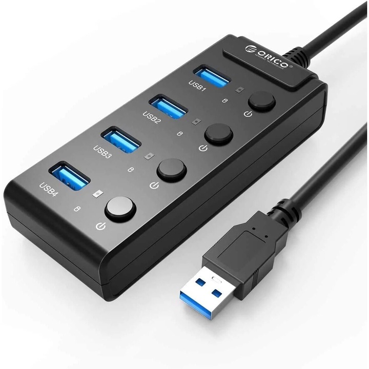 4-портов USB 3.0 хъб, независим суич и светодиод, черен