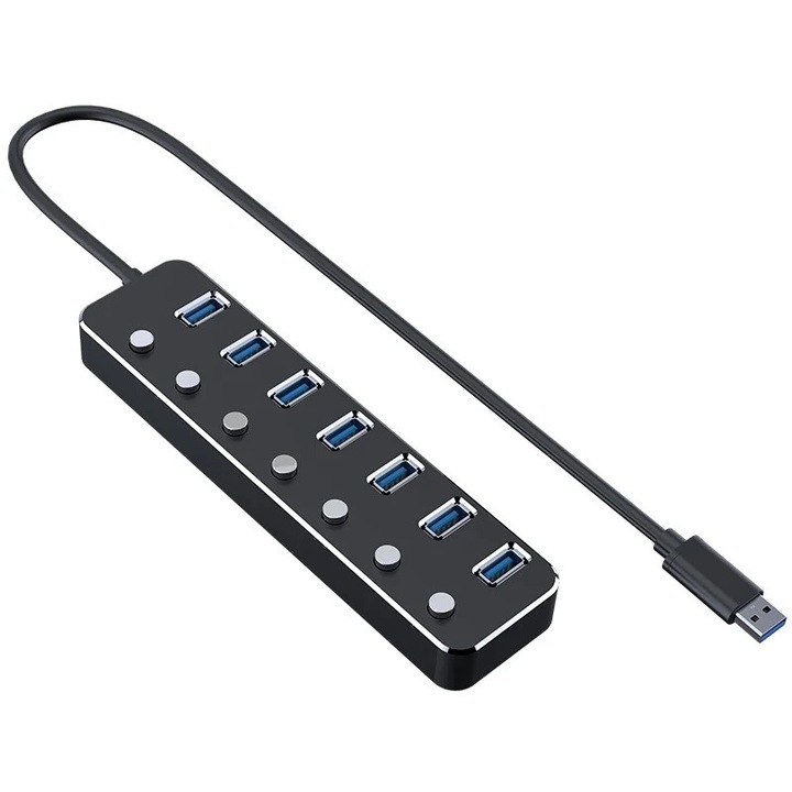 USB 3.0 хъб, 7 порта, с индивидуални превключватели за включване/изключване и LED, 4 фута/120 см