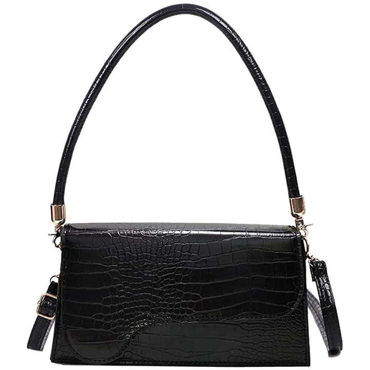 Дамска чанта за през рамо, ретро модел, с крокодилска щампа, черна, еко кожа