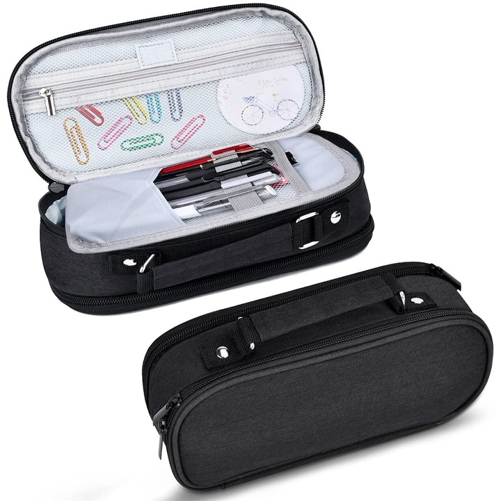 Моливник с голяма вместимост, черен, с дръжки, за организиране на училище и офис, комплект аксесоари