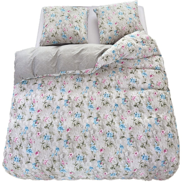 Lenjerie de pat 140x200 bumbac satinat fata-verso GierekHoff gros 2 bucati GH 3023 flori pe fond gri