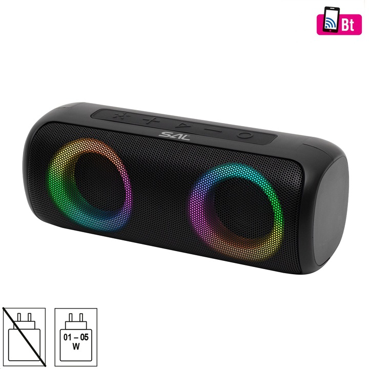Boxa portabila SAL BT 2000, 2 difuzoare, 2x10W, BT TWS stereo, capacitate baterie 4000mAh, Card MicroSD, Stick, Jack, lumini RGB, negru