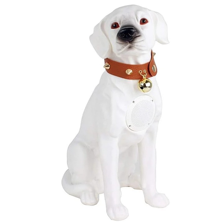 Hordozható hangszóró, labrador kiskutya alakú, Bluetooth-al, kártyaolvasóval, rádióval és mikrofonnal, magasság 25 cm, beépített akkumulátor, valósághű megjelenés, fehér