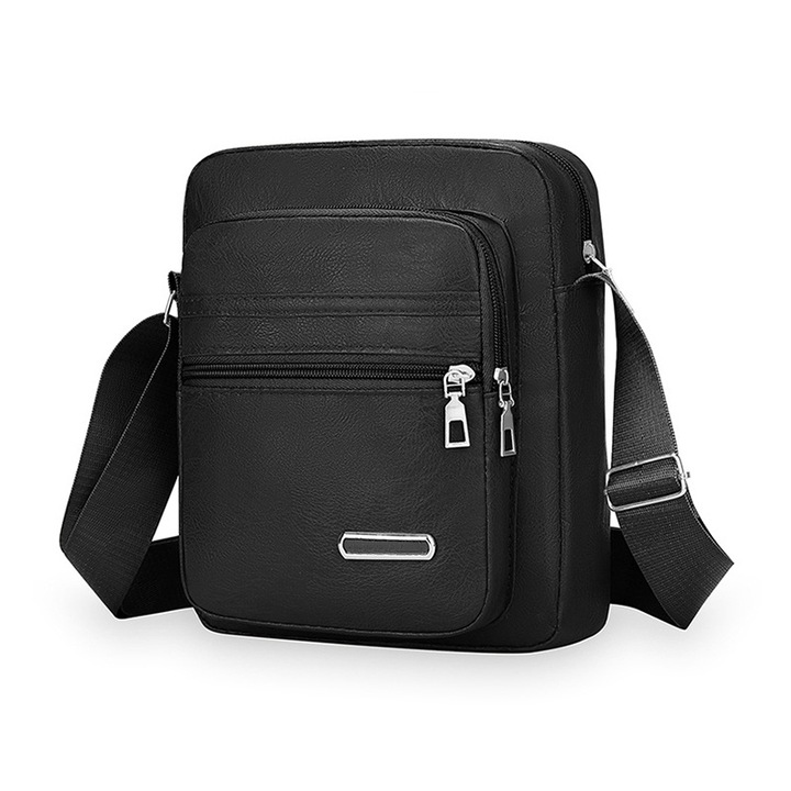 Férfi táska, BOMSTOM, valódi bőr, 24x20x6cm, fekete, cipzáras