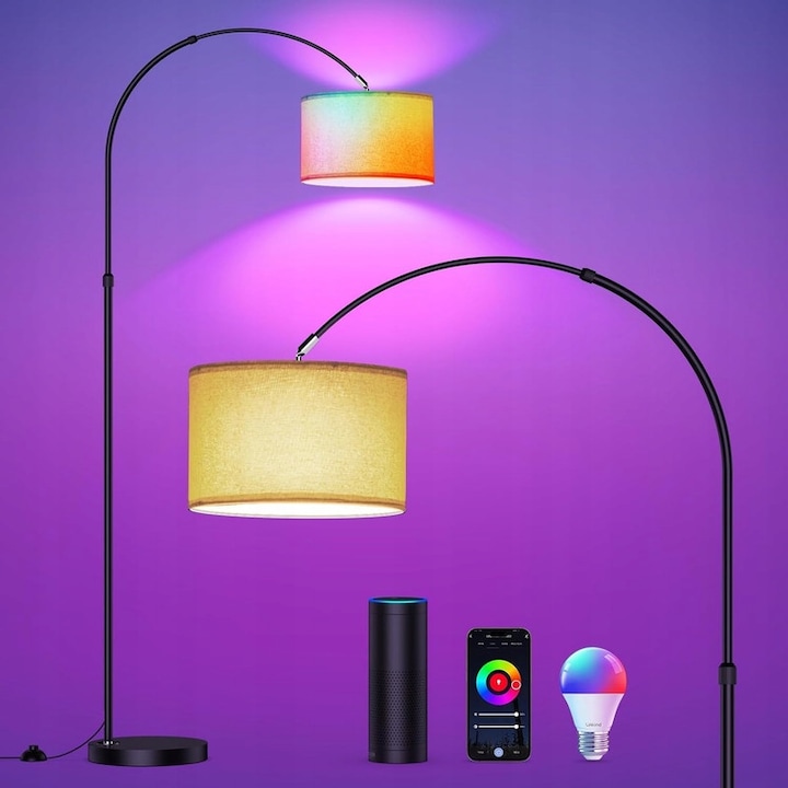 Lampa de podea cu capac din material textil MODLICHT, lampa de sufragerie, curba, baza E27, bec RGB 9W, 3000K-6500K+RGB 860LM, control prin aplicatie mobila + comutator cu pedala, 180cm, Clasa energetica E, abajur bej