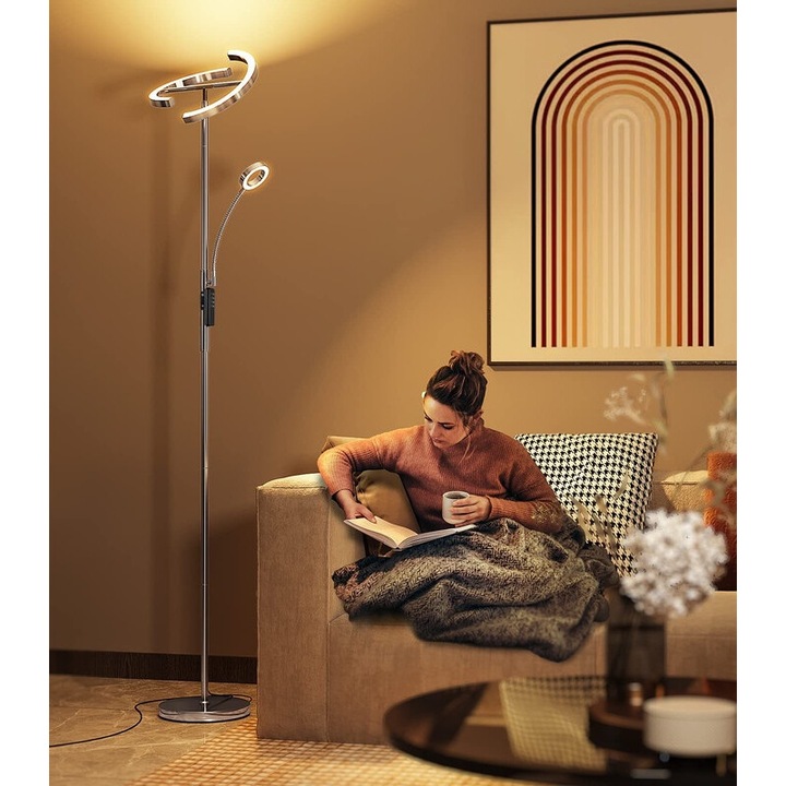 Подова лампа ANTENLICHT, лампа с две въртящи се глави, 20W + 7W, димируема 3000K-6000K, височина 175см, метална, с магнитно дистанционно, клас на енергийна ефективност F