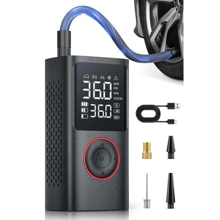 Цифров автомобилен компресор BUANIERT, 150 PSI, LED фенерче, 4x глави за надуване, USB-C кабел, подходящ за автомобили, мотоциклети, велосипеди, топки и др.