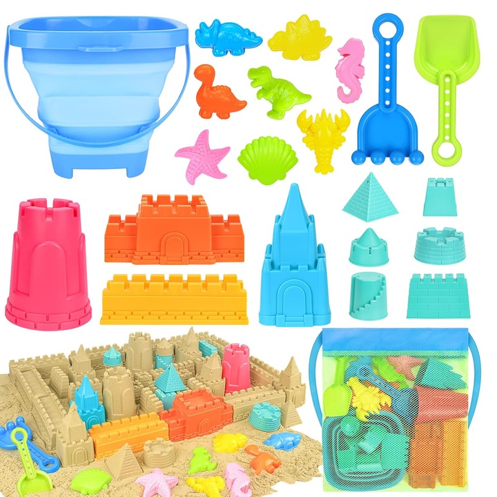 Set de jucarii de plaja pentru copii, galetusa pliabila pentru nisip, forme pentru construire castel, grebla, lopatica, geanta de transport, 22 de piese, ideal pentru vacanta la mare, multicolor, HAPPY JOKER®
