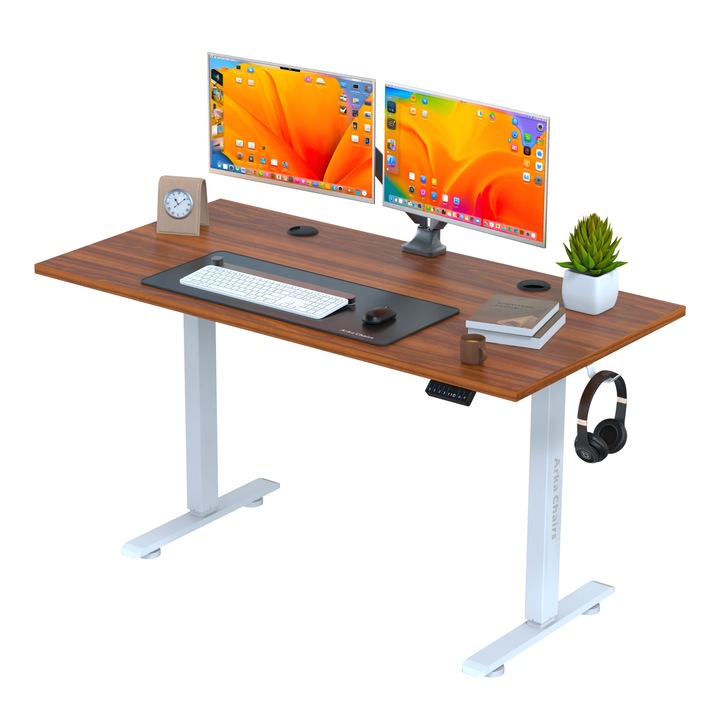 Birou electric cu blat dintr o singura bucata, 3 functii memorie, sistem anti coliziune, Arka, blat 110x60, inaltime reglabila 70-120 cm, rezistenta 80Kg, maro