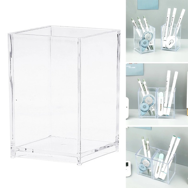 Поставка за офис консумативи, прозрачна, голям капацитет, 6.5x6.5x9.3см