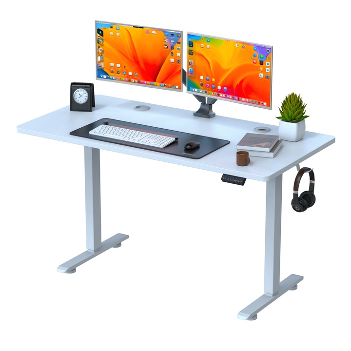 Електрическо бюро с плот от една част, 3 функции памет, система против сблъсък, кутия за управление на кабели, Arka Chairs, плот 120x60, регулируема височина 70-120 см, издръжливост 80 кг, бяло