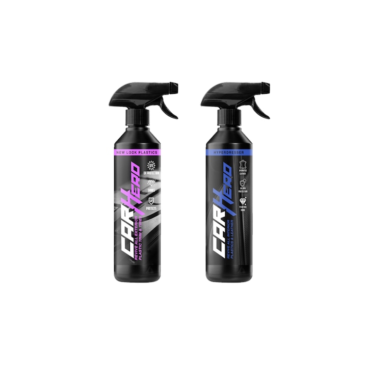 Pachet New Look Plastic & Hyper Dresser, Solutie Profesionala Regenerare Plastic, Piele si Cauciuc, Car Hero, Dressing pentru Suprafete Matuite, Detailing Auto, 500ml