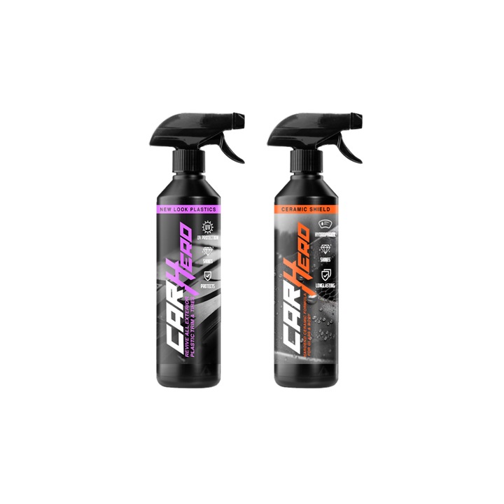 Pachet Solutie Regenerare Plastic si Cauciuc & Protectie Ceramica Auto, New Look Plastic & Ceramic Shield V2, Car Hero, Dressing pentru Suprafete Matuite, Protejeaza Vopseaua, Anti-UV, Hidrofob, Detailing Auto, 2x500ml