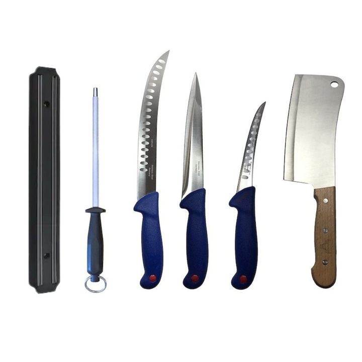 Set profesional de macelarie, transat, injunghiat, dezosat, filetat, 3 cutite, satar, masat pentru ascutit, suport magnetic, Dactylion®