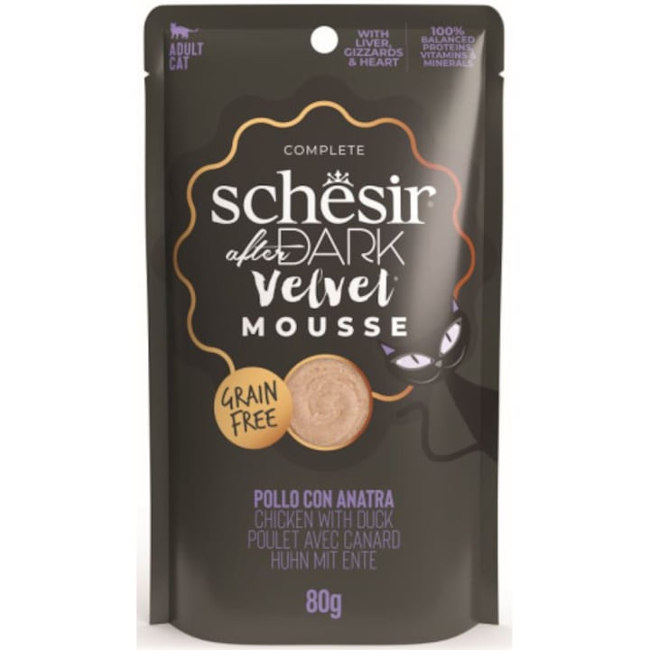 Plic pentru pisici Schesir After Dark Plic, mousse cu Pui si Rata 80 gr