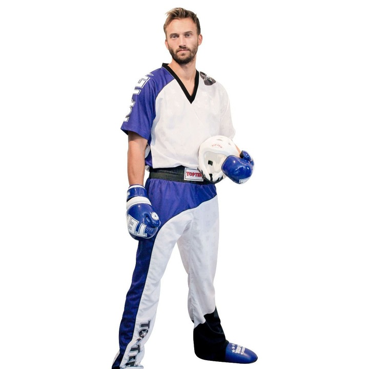 Uniforma Kickboxing Bow, aprobat WAKO, Top Ten, Alb-Albastru, 160 cm