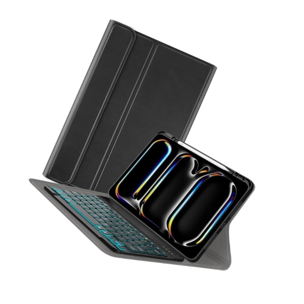 Husa pentru iPad Pro 11 (2024) cu Tastatura Bluetooth si Protectie 360°, TPU piele, tastatura retroiluminata 7 culori, multi unghi, anti alunecare si anti picatura, taiere precisa, Negru