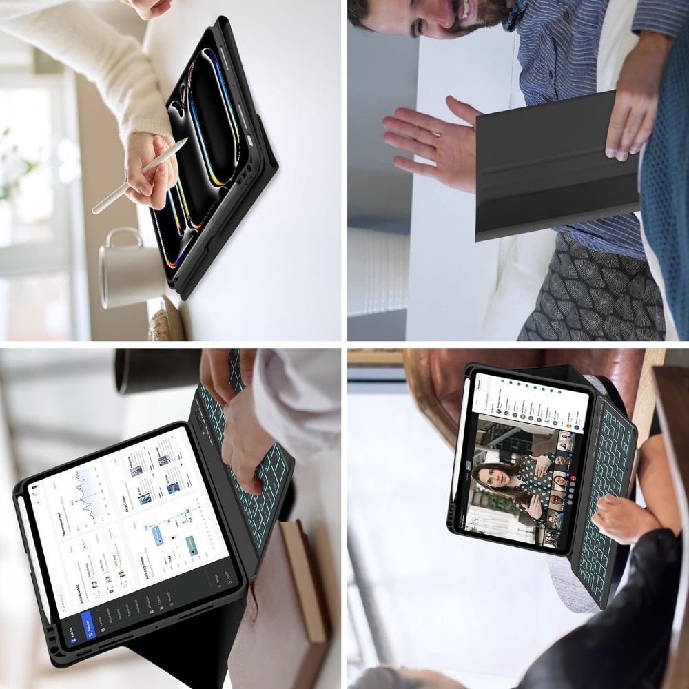 Husa pentru iPad Pro 11 (2024) cu Tastatura Bluetooth si Protectie 360°, TPU piele, tastatura retroiluminata 7 culori, multi unghi, anti alunecare si anti picatura, taiere precisa, Negru