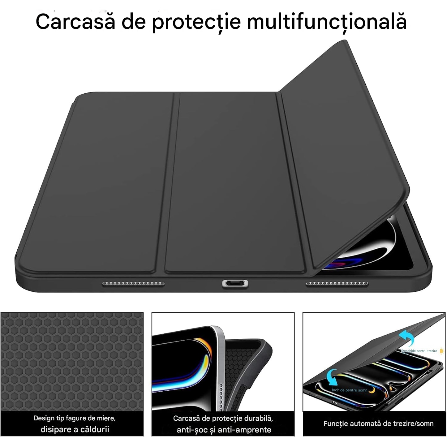 Husa pentru iPad Pro 11 (2024) cu Tastatura Bluetooth si Protectie 360°, TPU piele, tastatura retroiluminata 7 culori, multi unghi, anti alunecare si anti picatura, taiere precisa, Negru