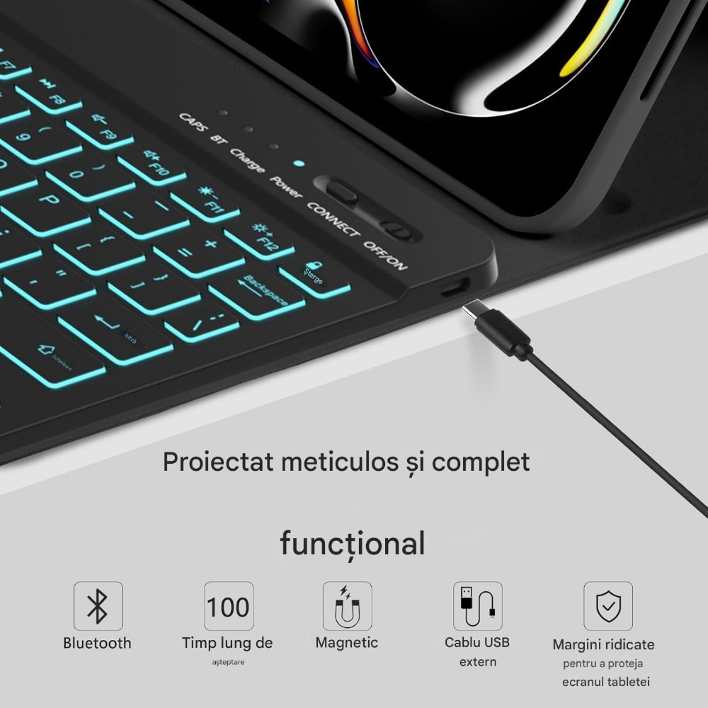 Husa pentru iPad Pro 11 (2024) cu Tastatura Bluetooth si Protectie 360°, TPU piele, tastatura retroiluminata 7 culori, multi unghi, anti alunecare si anti picatura, taiere precisa, Negru