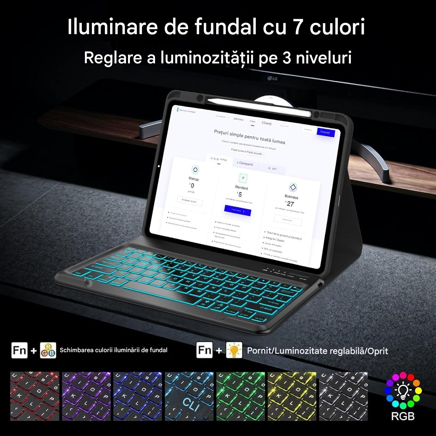 Husa pentru iPad Pro 11 (2024) cu Tastatura Bluetooth si Protectie 360°, TPU piele, tastatura retroiluminata 7 culori, multi unghi, anti alunecare si anti picatura, taiere precisa, Negru